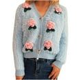 thumbnail image 1 of Women's Cropped Long Sleeve Fleece Cardigan 3D Flowers Embroidered Sweater V-Neck Button Down Sweater Cardigan Casual Tops, 1 of 4