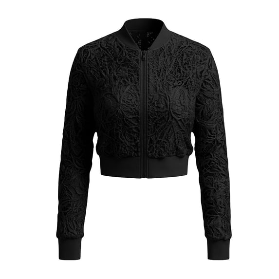 Women's Cropped Long Sleeve Slim Jacquard Zip Up Jacket Top, Cropped Zip Up Jacket for Women, Slim Jacquard Zip Up Top Outerwear, Versatile Fashion Streetwear for Spring Fall Black