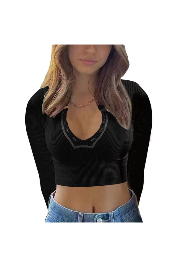 Women's Cropped Long - Sleeve V - Neck Knit Top for Casual Wear,Black,Z1 Black