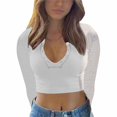 thumbnail image 1 of Women's Cropped Long - Sleeve V - Neck Knit Top for Casual Wear,White,Z1 White, 1 of 8