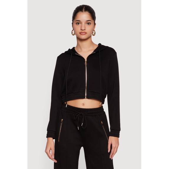 Women's Cropped Long Sleeve Zip Front Drawstring Hoodie
