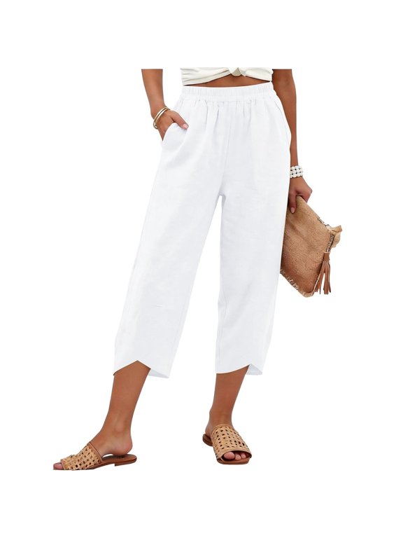 Women's Cropped Lounge Pants Lightweight Elastic Waist Pant with Pockets Summer Tulip Hem Trousers White 3XL