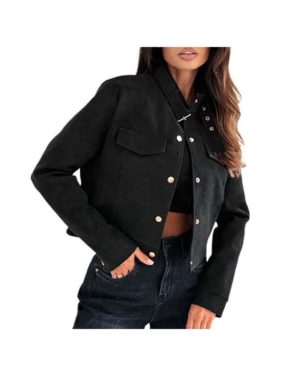 Women's Cropped Moto Stretch Jacket Stand Collar Button Front Long Sleeve with Pockets Tailored Chic Fall Casual Minimalist Outerwear