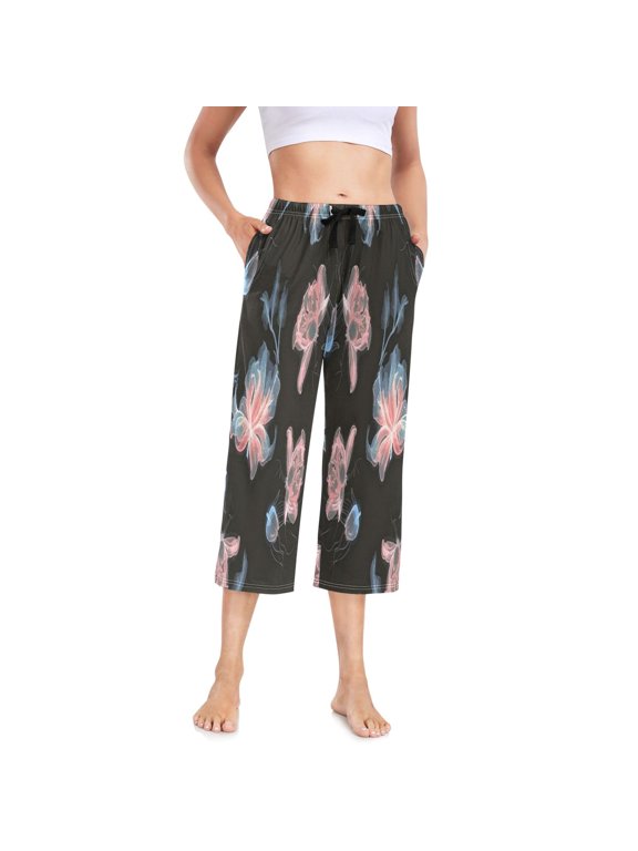 Women's Cropped Pajama Pants Wide-leg Summer Sleep Pants with Pockets Loose Fit Comfy Pj Pants ,Black Glow Flowers Print XXL