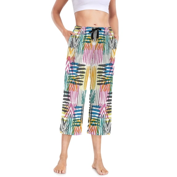 Women's Cropped Pajama Pants Wide-leg Summer Sleep Pants with Pockets Loose Fit Comfy Pj Pants ,Color Grid Lines Print S