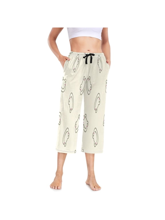 Women's Cropped Pajama Pants Wide-leg Summer Sleep Pants with Pockets Loose Fit Comfy Pj Pants ,Cream Frog Line Art Print S