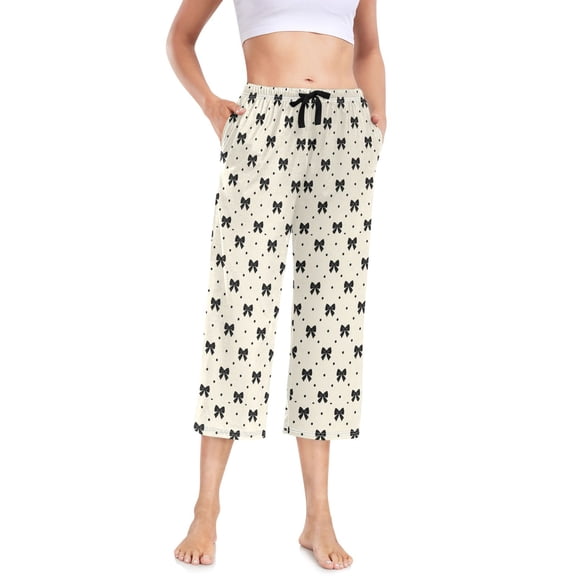 Women's Cropped Pajama Pants Wide-leg Summer Sleep Pants with Pockets Loose Fit Comfy Pj Pants ,Ivory Blackbow Print S
