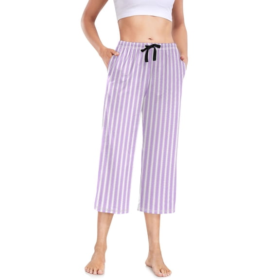 Women's Cropped Pajama Pants Wide-leg Summer Sleep Pants with Pockets Loose Fit Comfy Pj Pants ,Lavender Stripes Print S