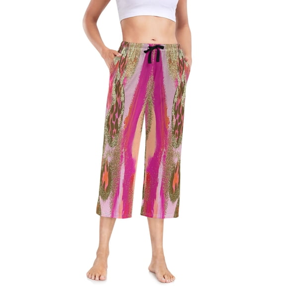 Women's Cropped Pajama Pants Wide-leg Summer Sleep Pants with Pockets Loose Fit Comfy Pj Pants ,Leopard-pink (2) Print S