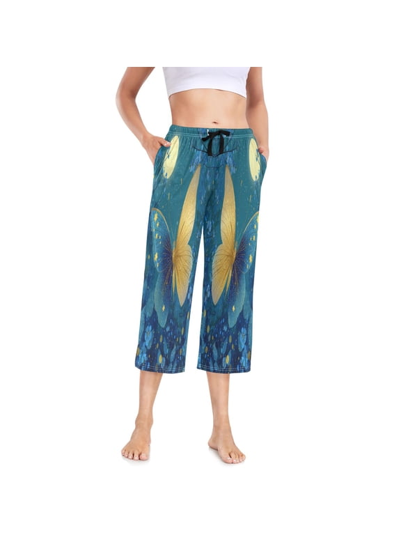 Women's Cropped Pajama Pants Wide-leg Summer Sleep Pants with Pockets Loose Fit Comfy Pj Pants ,Moonlight Wings Print XL