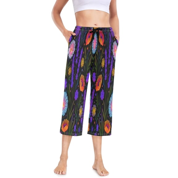 Women's Cropped Pajama Pants Wide-leg Summer Sleep Pants with Pockets Loose Fit Comfy Pj Pants ,Neon Bloom Print S
