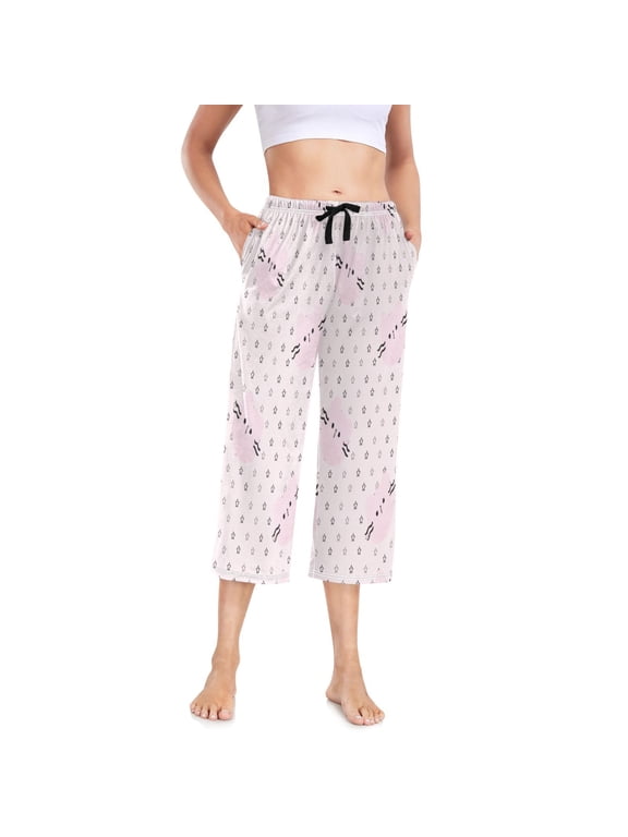 Women's Cropped Pajama Pants Wide-leg Summer Sleep Pants with Pockets Loose Fit Comfy Pj Pants ,Pink-cat Star Pattern Print M