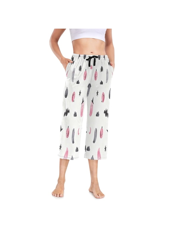 Women's Cropped Pajama Pants Wide-leg Summer Sleep Pants with Pockets Loose Fit Comfy Pj Pants ,Pink-gray Halloween Print XL