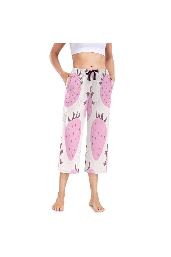 Women's Cropped Pajama Pants Wide-leg Summer Sleep Pants with Pockets Loose Fit Comfy Pj Pants ,Pink-strawberry Heart Print S