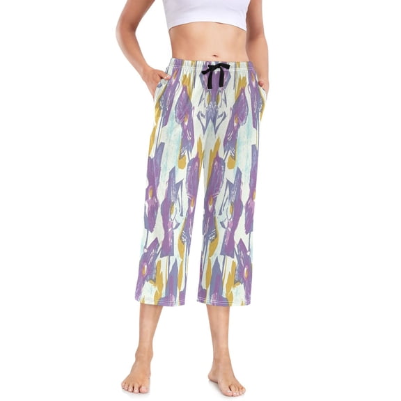Women's Cropped Pajama Pants Wide-leg Summer Sleep Pants with Pockets Loose Fit Comfy Pj Pants ,Purple Yellow Floral Print S
