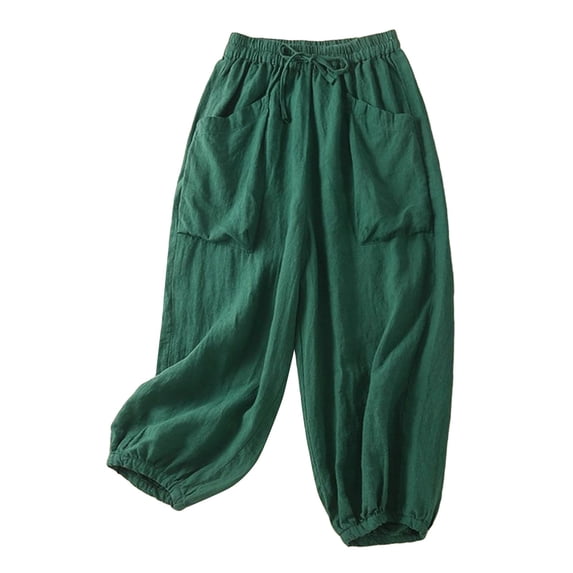 Women's Cropped Pants Cotton Linen Harem Balloon Pants Wide Leg Palazzo Solid Color Slacks Elastic Waist Trousers With Pockets Straight Leg Breathable Office Dress Work Slacks Lounge Baggy