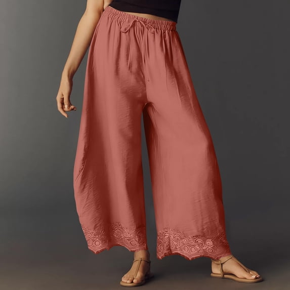 Women's Cropped Pants Lace Hem Pants Summer Boho Drawstring Beach Wide Leg Lounge Trousers with Pockets Red S