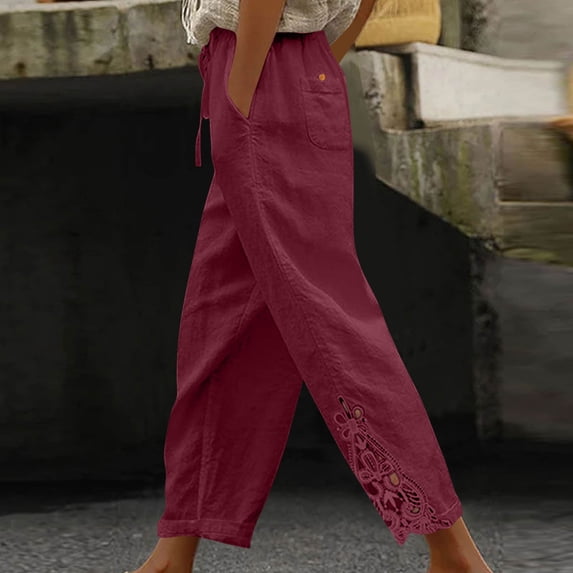 Women's Cropped Pants with Lace Detail, Relaxed Fit, Elastic Waistband, and Side Pockets for Casual Wear