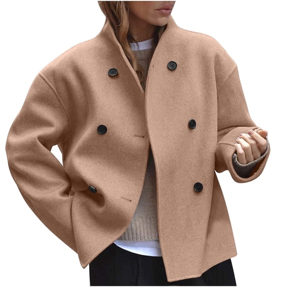 Women’s Cropped Pea Coat Double Breasted Wool Blend Blazer Short Winter Jacket Long Sleeve Stand Collar Casual Outerwear for Fall and Winter Fashion Layering