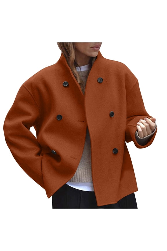 Women’s Cropped Pea Coat Double Breasted Wool Blend Blazer Short Winter Jacket Long Sleeve Stand Collar Casual Outerwear for Fall and Winter Fashion Layering