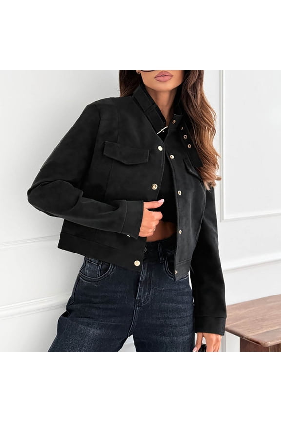 Women's Cropped Pea Coat, Oversized Double Breasted Jacket with Stand Collar and Pockets, Fall Winter Outerwear, Casual Fashion