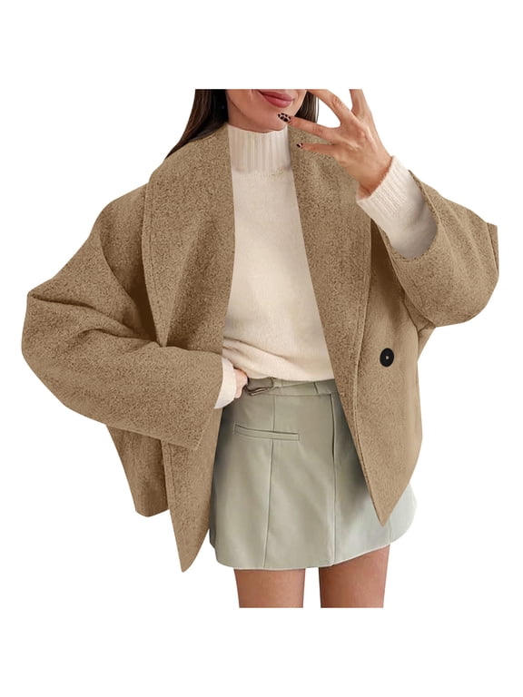 Women's Cropped Pea Coat Oversized Short Jacket Double Breasted Lapel Fall Winter Outerwear | Cotton Turn Down Collar Casual Fashion Coat for Office Commute or Weekend City Strolls