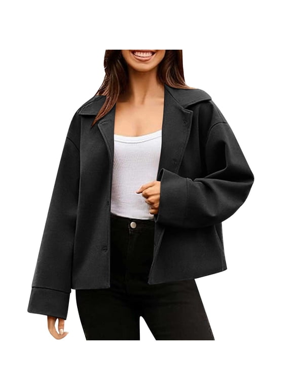 Women's Cropped Pea Coat Single Breasted Notch Lapel Lightweight Oversized Fall Winter Office-Ready Minimalist Outerwear Essential Jacket