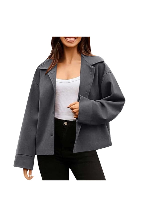 Women's Cropped Pea Coat Single Breasted Notch Lapel Lightweight Oversized Fall Winter Office-Ready Minimalist Outerwear Essential Jacket