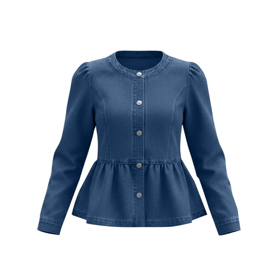 Women's Cropped Peplum Denim Jacket Round Neck Long Sleeve Button Down Slim Casual Jean Outer Coat Vintage Washed Fall Fashion Tops Dark Blue