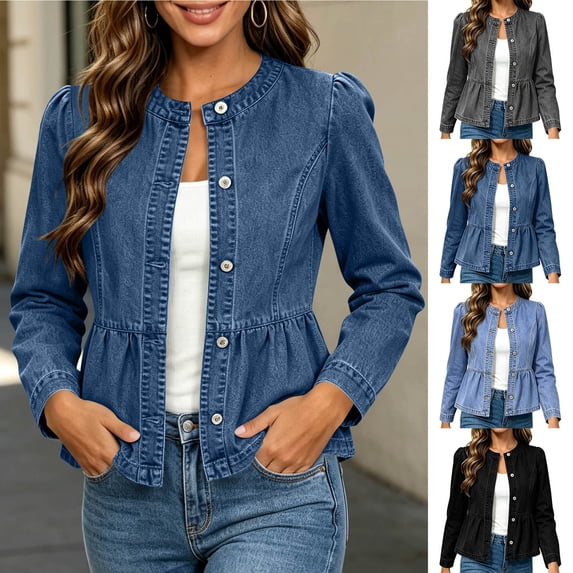 Women's Cropped Peplum Denim Jacket Round Neck Long Sleeve Button Down Slim Casual Jean Outer Coat Vintage Washed Fall Fashion Tops Gray
