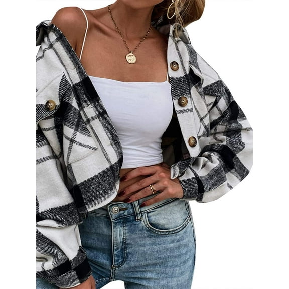 Women's Cropped Plaid Flannel Jacket Long Sleeve Button Front Fall Casual Top