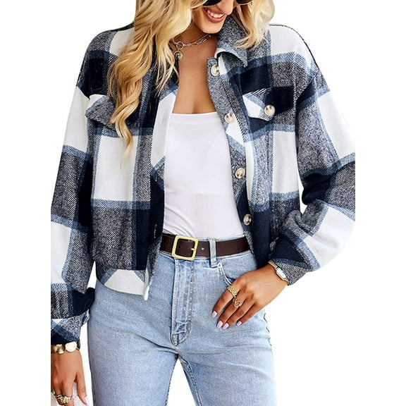 Women's Cropped Plaid Flannel Shacket Long Sleeve Button Down Fall Fashion Jacket