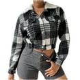 thumbnail image 1 of Women's Cropped Plaid Shacket Jackets Faux Fur Lapel Collar Button Down Flannel Shirts Outerwear Fall Short Tops (2XL, Black), 1 of 6