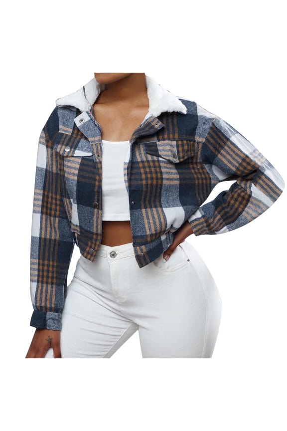 Women's Cropped Plaid Shacket Jackets Faux Fur Lapel Collar Button Down Flannel Shirts Outerwear Fall Short Tops (L, Navy)