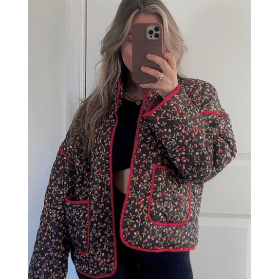 Women's Cropped Puffer Jacket Floral Print Quilted Puffer Jackets Open Front Lightweight Short Jacket Trendy