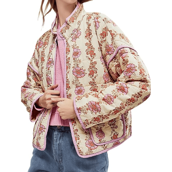 Women's Cropped Puffer Jacket Floral Print Quilted Puffer Jackets Open Front Lightweight Short Jacket Trendy