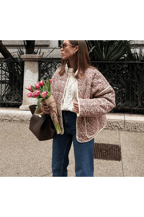 Women's Cropped Puffer Jacket Floral Print Quilted Puffer Jackets Open Front Lightweight Short Jacket Trendy