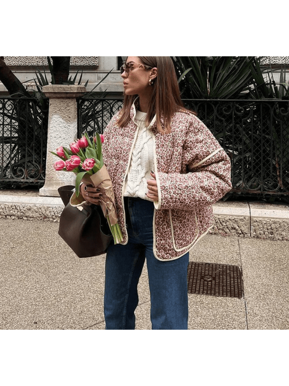 Women's Cropped Puffer Jacket Floral Print Quilted Puffer Jackets Open Front Lightweight Short Jacket Trendy