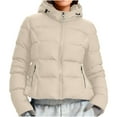thumbnail image 1 of Women’s Cropped Puffer Jacket Hooded Quilted Winter Down Coat with Drawstring Windproof Waterproof Slim Fit Warm Outerwear with Pockets,Beige,XXXL, 1 of 9