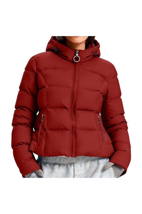 Women’s Cropped Puffer Jacket Hooded Quilted Winter Down Coat with Drawstring Windproof Waterproof Slim Fit Warm Outerwear with Pockets,Wine,M