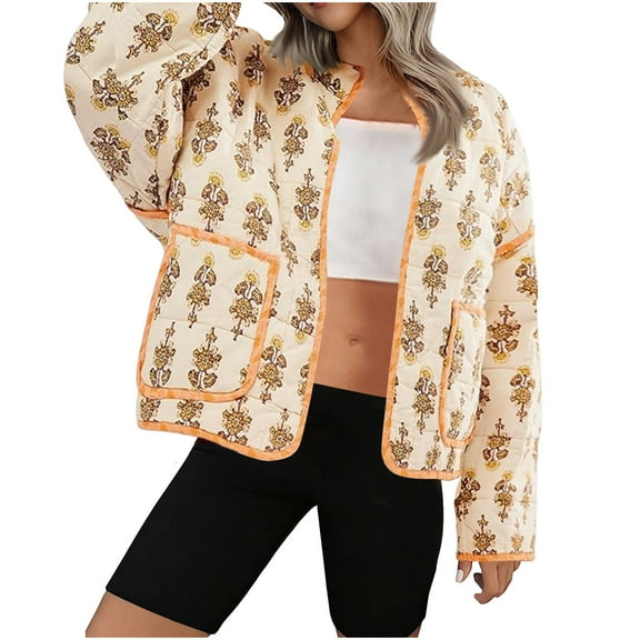 Women's Cropped Puffer Jacket Lightweight Floral Print Long Sleeve Padded Quilted Puffy Cardigan Coat