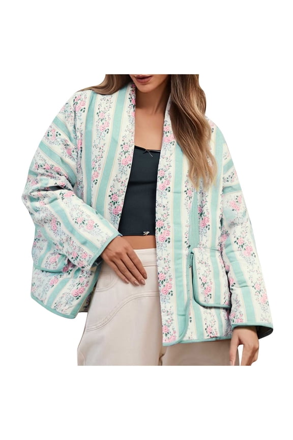 Women's Cropped Puffer Jacket Lightweight Floral Print Long Sleeve Padded Quilted Puffy Cardigan Coat