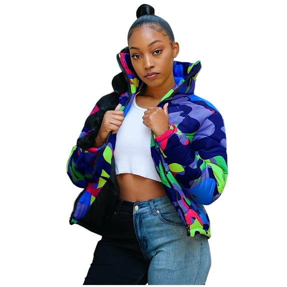 Women's Cropped Puffer Jacket Long Sleeve Zip Up Down Coats Stand Collar Short Padded Coat Winter Print Outerwear (Green L)