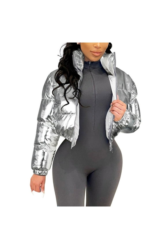 Women's Cropped Puffer Jacket Stand Collar Short Padded Coat Metallic Shiny Down Coats Winter Long Sleeve Zip Outerwear (Silver 2XL)