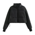 thumbnail image 1 of Women's Cropped Puffer Jacket Stand Collar Short Padded Coat Solid Color Down Coats Winter Long Sleeve Zip Outerwear (Black S), 1 of 5