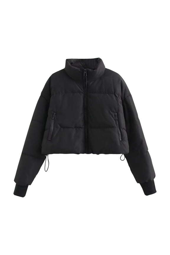 Women's Cropped Puffer Jacket Stand Collar Short Padded Coat Solid Color Down Coats Winter Long Sleeve Zip Outerwear (Black S)