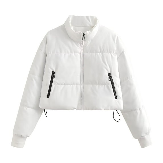 Women's Cropped Puffer Jacket Stand Collar Short Padded Coat Solid Color Down Coats Winter Long Sleeve Zip Outerwear (White M)