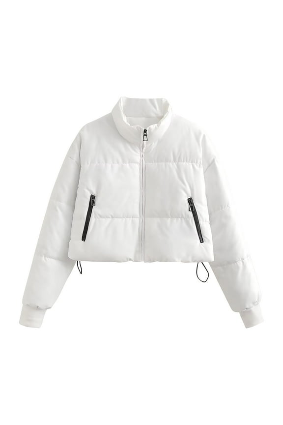 Women's Cropped Puffer Jacket Stand Collar Short Padded Coat Solid Color Down Coats Winter Long Sleeve Zip Outerwear (White M)