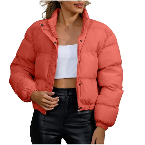 Women's Cropped Puffer Jacket Zip Up Snap Button Stand Collar Lightweight Warm Padded Coat Solid Color Outerwear for Work Daily Wear Fall Winter Casual