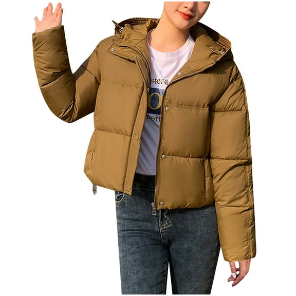 Women's Cropped Puffer Jackets Long Sleeve Zip Up Button Drawstring Stand Collar Hooded Quilted Jacket Zipper Pockets Solid Loose Fit Thermal Winter Short Down Coats 2025 Fashion